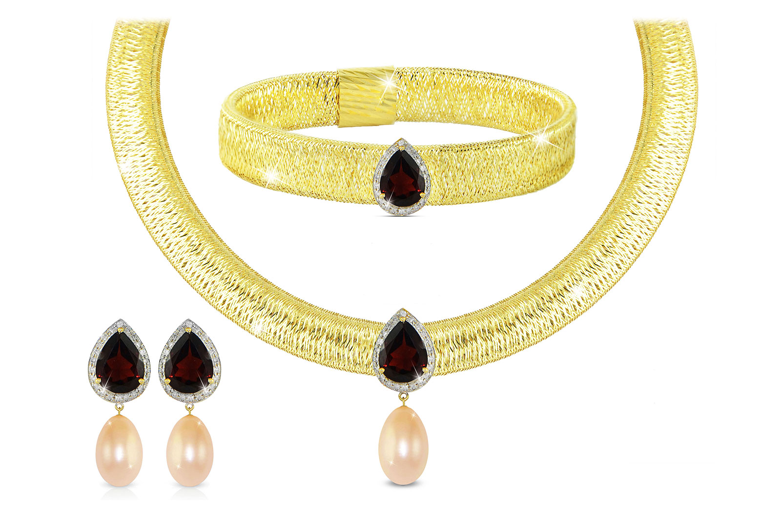 Vera Perla 18K Gold 0.48ct Diamonds, Garnet and 13mm Pink Pearl Jewelry Set - 3 pcs.